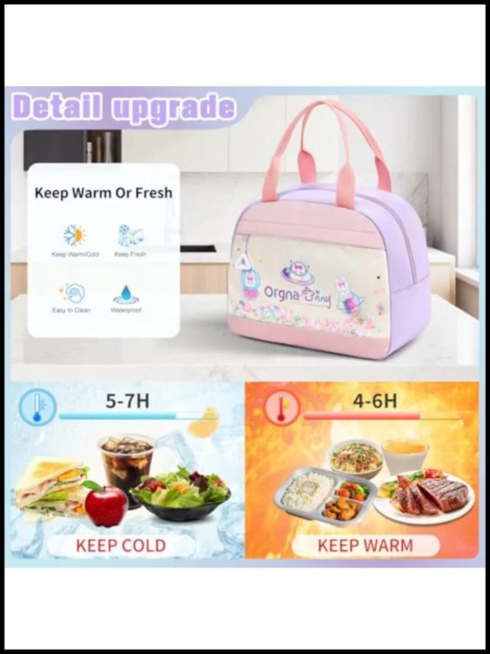 Girls Backpack Set with Lunch Box Pencil Case, Kawaii Bunny, Waterproof Nylon,